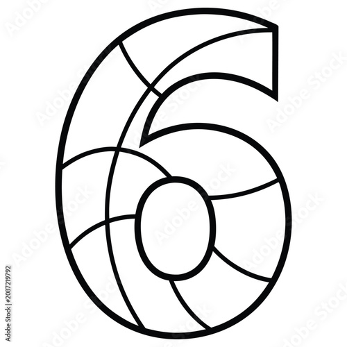 Basketball Number Six Black And White Line Art Silhouette.