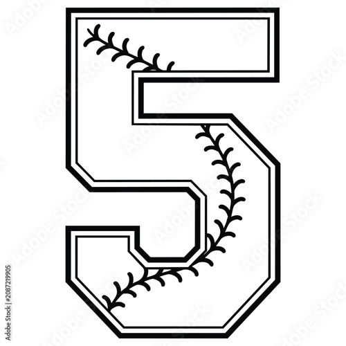 Number five with baseball stitching black and white silhouette design.