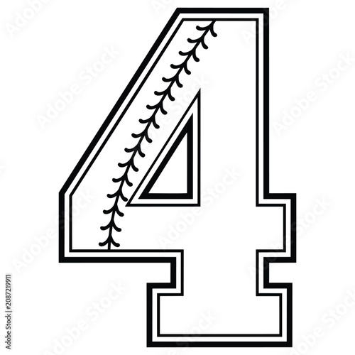 Number Four With Baseball Stitching Black Silhouette On White.