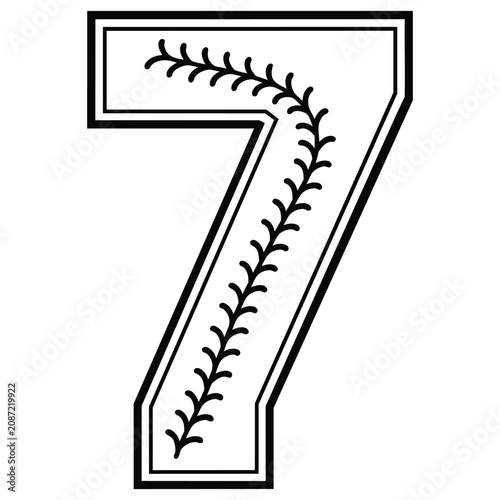 Baseball number seven black outline on white background.