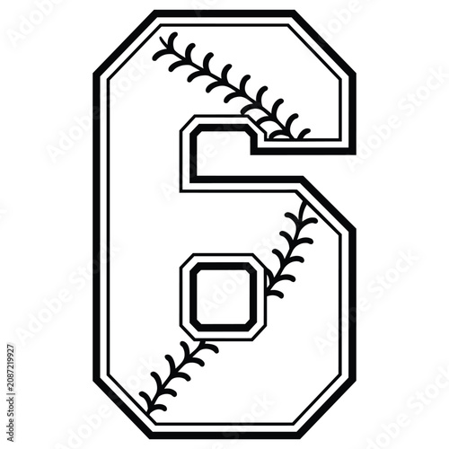 Number six with baseball stitching black and white line illustration.