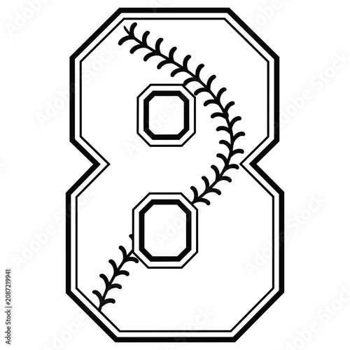 Number Eight With Baseball Stitching Black And White Silhouette.