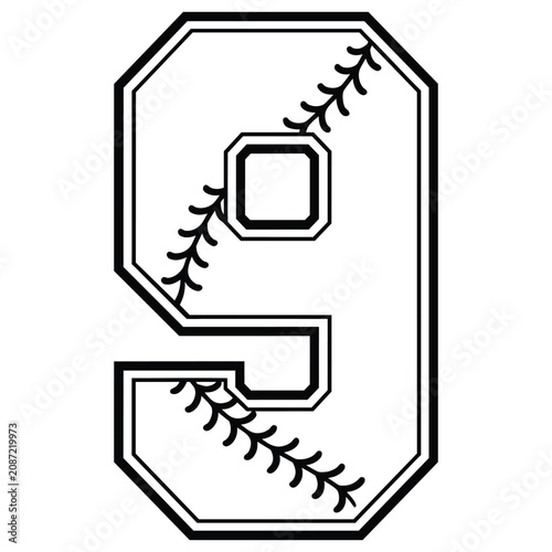 Number nine with baseball stitch detail black and white silhouette.
