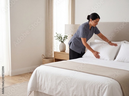 Hotel housekeeping staff arranging bed in guest room