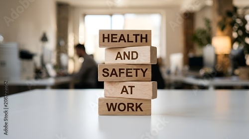 Stack of wooden blocks with the words health and safety at work written on them, placed on a white desk in a blurred office environment setting