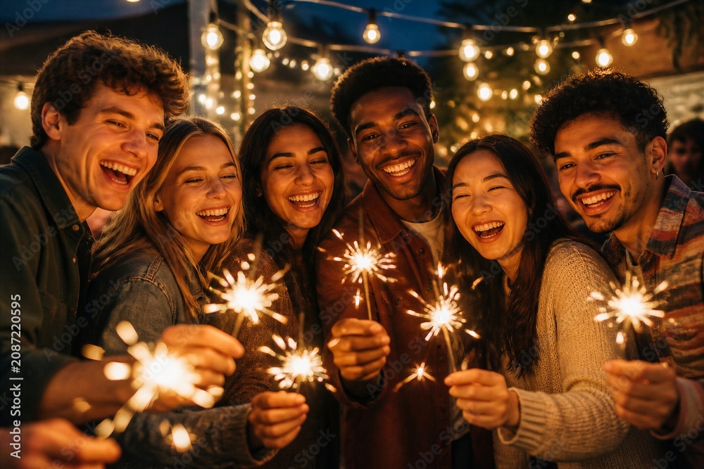 Fototapeta premium A group of six friends gathers outdoors at night, smiling and holding sparklers in their hands. Bright lights hang above them, creating a festive mood as they enjoy their time together.