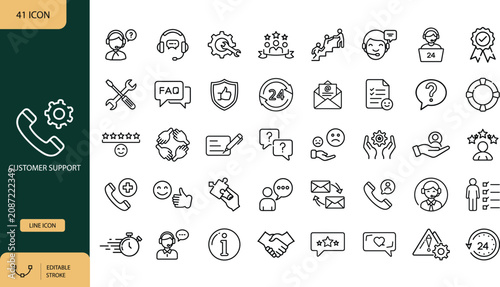 Customer Support Line Icons Set, FAQ Help Desk and Technical Service Outline Symbols. Vector Illustration