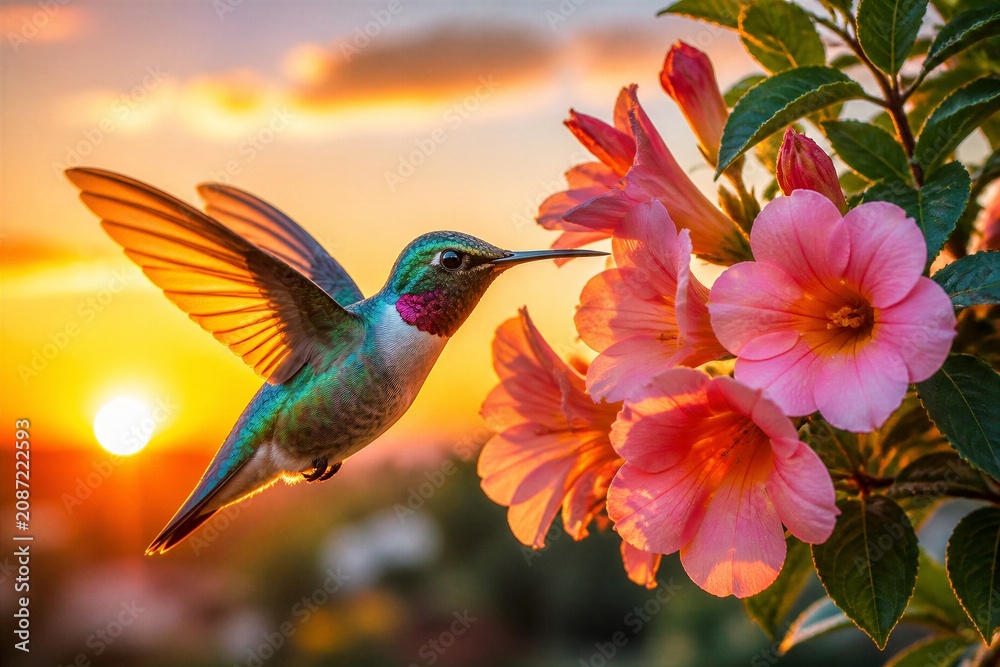 Fototapeta premium A hummingbird is hovering near pink flowers as the sun sets behind it. The sky shows warm colors while the bird seeks nectar. This scene captures a moment in nature's cycle.