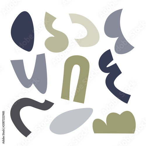 Modern abstract organic graphic elements collection with geometric shapes in olive green, slate blue and cream, contemporary vector design set for branding, editorial layouts and creative projects