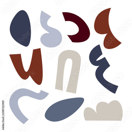 Modern abstract organic graphic elements collection with geometric shapes in burgundy, rust, slate blue and cream, contemporary vector design set for branding, editorial layouts and creative projects