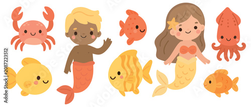 Fotografie Mermaid illustration sea with cute vector set for cartoon water fish