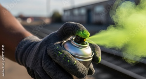 Hand holding spray paint can releasing vibrant green paint in urban setting, artist applying color to outdoor surface. Spray paint action captures dynamic creativity in street art.
