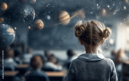 Young Girl in Primary School Classroom Observing Space and Astronomy Concepts