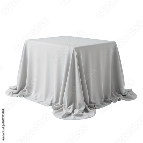 Square table covered with a clean white tablecloth isolated on transparent background, illustration