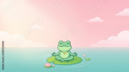 Minimalist abstract background with cute zen frog meditating