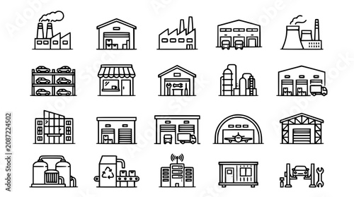 Foto Industrial factory building and commercial warehouse line icon set containing st