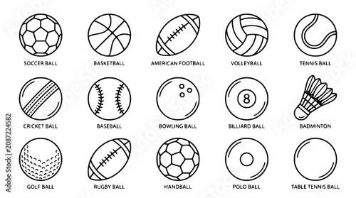 Cuadro en lienzo Comprehensive sports ball line icon set containing soccer basketball football cr