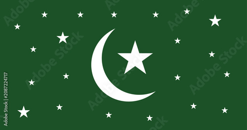 Pakistan independence day, pakistan flag, Islamic crescent moon and star vector on green background, celestial night sky with white stars, religious symbol for Ramadan and Eid celebrations