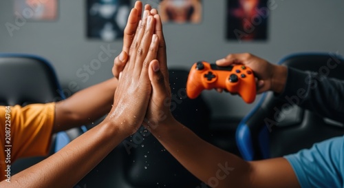 Exciting gaming moments with friends sharing high five in gaming room, one friend holds orange game controller while celebrating teamwork. Concept of gaming and friendship in modern culture.
