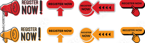 Modern Register Now button and badge collection with call to action labels, clickable icons, promotional banners and sign-up stickers. Vector UI elements for web, apps and marketing.