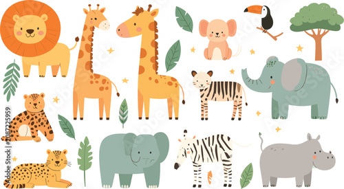 Canvas Print Cute Safari Animal Vector Character Set Featuring Lion Giraffe Elephant Zebra an