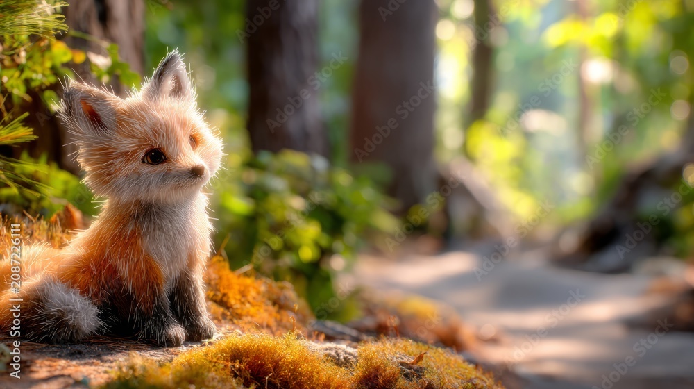 Fototapeta premium Small Fox Kit Sitting in a Lush Forest with Vivid Neon Doodle Elements