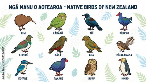 Educational poster with cartoon illustrations of native birds of New Zealand with Maori names on background with leaves