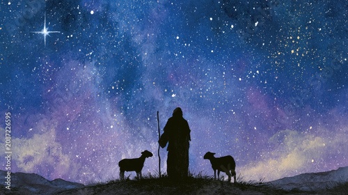 Shepherd and sheep under starry night sky with bright guiding star