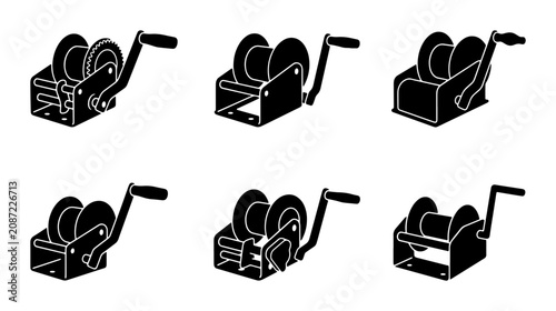 Bild auf Leinwand Manual Winch Icons Set, Mechanical Lifting Device Vector Graphics, Industrial Eq