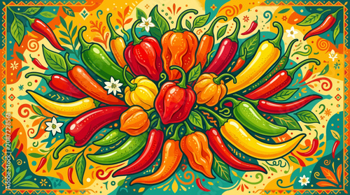 Tableau sur toile Colorful peppers and chili peppers arrangement.
