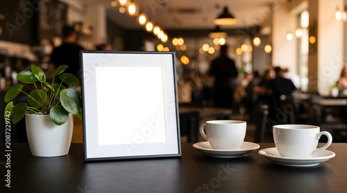 Blank White Square Frame Mockup with Two Coffee Cups and Green Plant on Cafe Table with Warm Bokeh Background Interior Branding Template Design