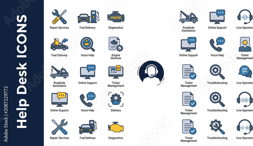 Help Desk and Customer Support Vector Icon Set Featuring Technical Assistance Online Chat Call Center Operators Troubleshooting Tools and Roadside Repair Symbols