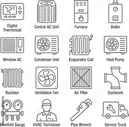 HVAC Line Icon Set Featuring Heating Ventilation Air Conditioning Equipment Thermostat Repair Tools and Service Technician Symbols for Web Design
