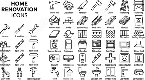 Home Renovation Line Icon Set Featuring Construction Tools Building Materials Kitchen Appliances and Bathroom Fixtures for Repair and Improvement Projects