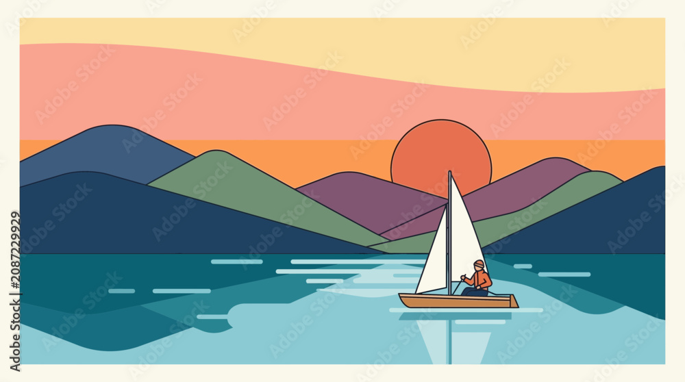 Naklejka premium A solitary sailor navigates a small wooden vessel across calm turquoise waters as the vibrant sun descends behind rolling mountain peaks during a peaceful golden hour sunset within