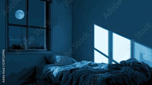 Moonlight illuminates a rumpled bed in a sparsely furnished room