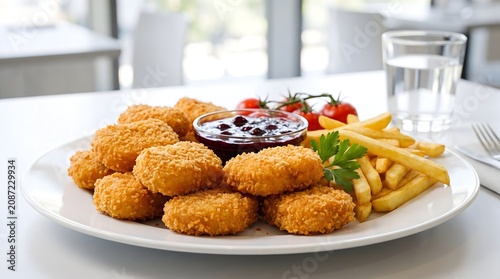 Crispy golden chicken nuggets with french fries, dipping sauce and cherry tomatoes served on white plate with clean white background