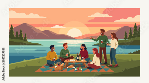 A diverse group of cheerful friends enjoys a scenic outdoor picnic by the calm water while the sun sets behind the mountains creating a warm and peaceful atmosphere for everyone gathering