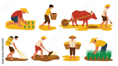 Konstfotografi Digital illustration of traditional rice farming process showing farmers plantin
