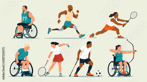 Digital illustration of inclusive sports showing athletes with and without disabilities playing basketball, tennis, soccer and archery, representing diversity, accessibility and teamwork in athletics