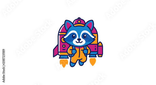 Quadro su tela Cute Raccoon Astronaut Flying Rocket Spaceship Cartoon Character