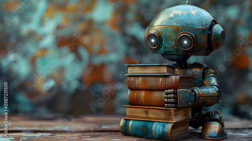 Conceptual Cartoon Artwork of Smiling Robot Holding Book Stack, Clean Minimal Background, Education and Knowledge Concept
