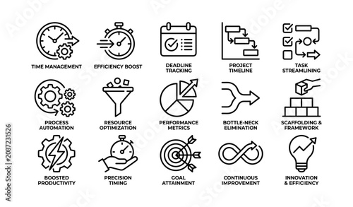 Set of business productivity icons arranged in grid