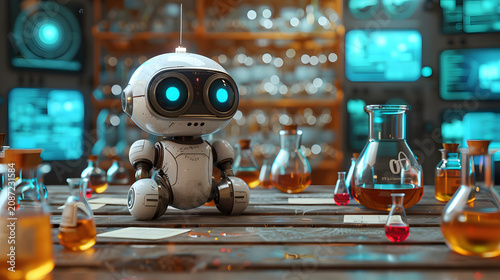 Conceptual Cartoon Artwork of Small Robot Scientist Mixing Chemicals in Lab, STEM Education and Innovation Theme

