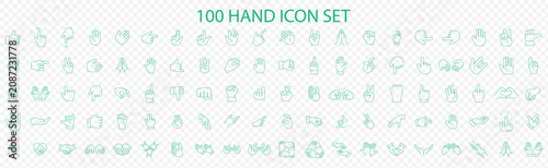 100 Hand Gesture Outline Icon Set.
Collection of hand signs, finger gestures, pointing, click, touch, thumbs, and communication vector icons. EPS 10.