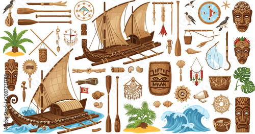 Konstfotografi Hawaiian and Maori culture illustration collection featuring vintage sailing boa