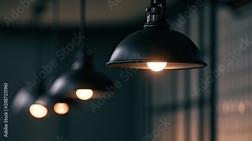 Row of dark, industrial-style hanging lamps with glowing bulbs