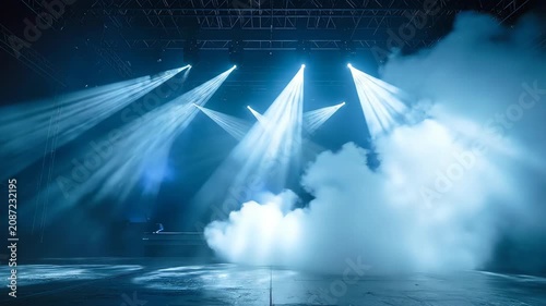 Dynamic Stage Lighting with Bright Blue Spotlights and Smoke Effects for Concerts or Events.