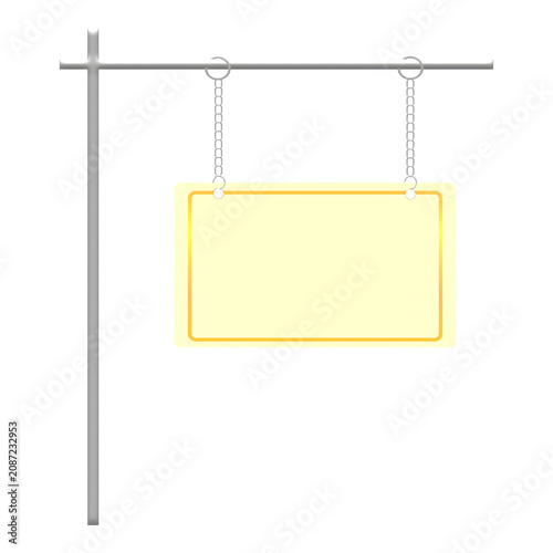 Fotografie Empty yellow outdoor decorative sign mockup template hanging from a silver metal pole crossbar stand