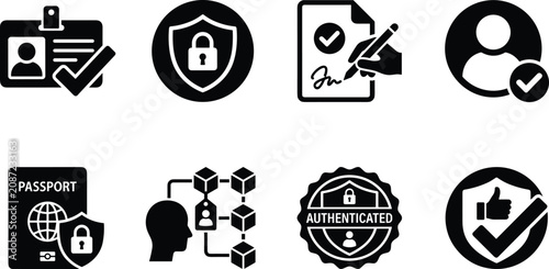 Authentication and Identity Verification Icon Set with Secure Login and Security Symbols